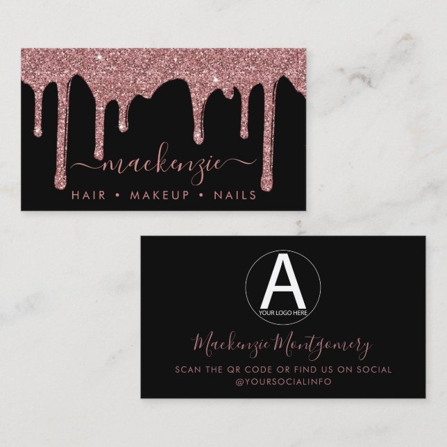 Black Rose Gold Glitter Drips Business Logo Business Card (Front/Back)