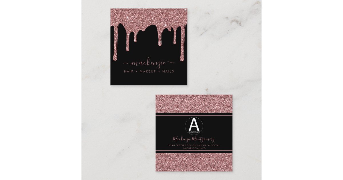 Black Rose Gold Glitter Drips Business Logo Square Business Card | Zazzle
