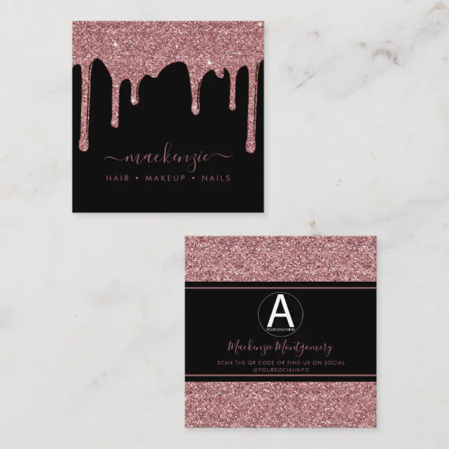 Black Rose Gold Glitter Drips Business Logo Square Business Card | Zazzle