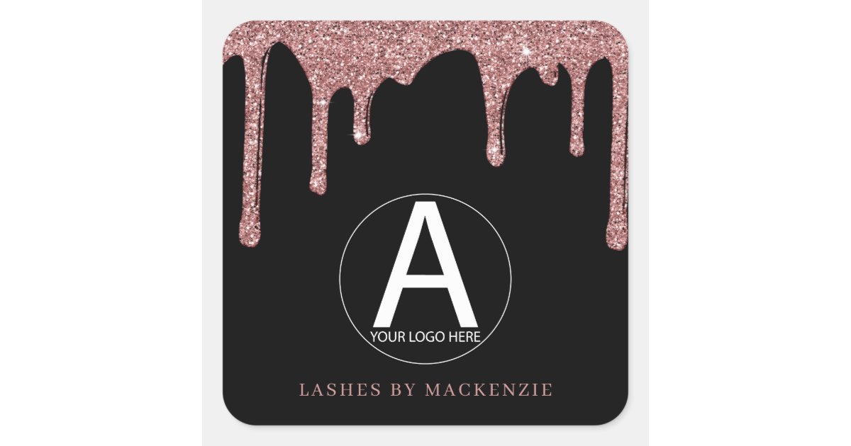 Black Rose Gold Glitter Drips Business Logo Square Sticker | Zazzle