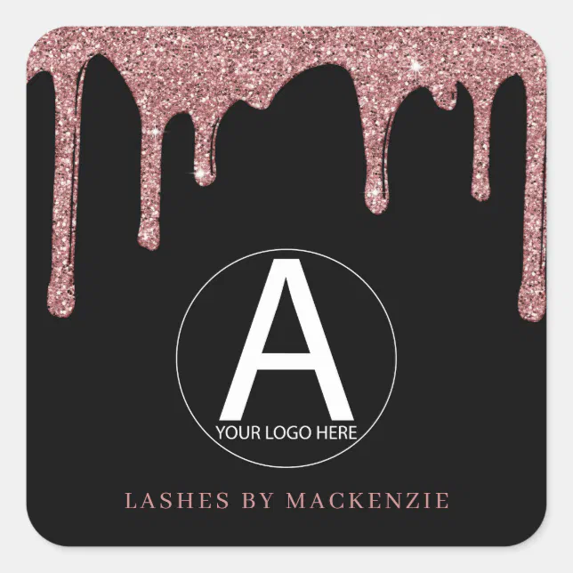Black Rose Gold Glitter Drips Business Logo Square Sticker | Zazzle