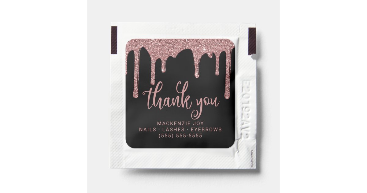 Black Rose Gold Glitter Drips Business Thank You Hand Sanitizer Packet ...