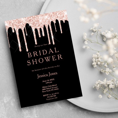 Black rose gold glitter drips glam Bridal Shower  Invitation