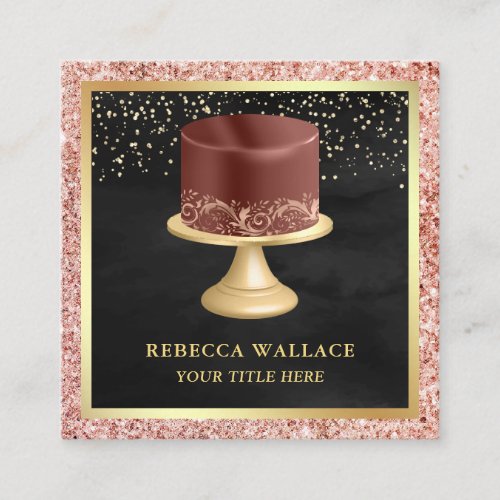 Black Rose Gold Glitter Drips Maroon Cake Bakery Square Business Card