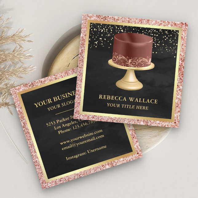 Black Rose Gold Glitter Drips Maroon Cake Bakery Square Business Card (Creator Uploaded)