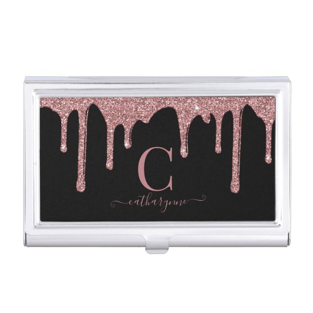 Black Rose Gold Glitter Drips Monogram Business Card Case (Front)