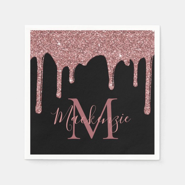Black Rose Gold Glitter Drips Monogram Napkins (Front)