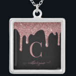 Black Rose Gold Glitter Drips Monogram Silver Plated Necklace<br><div class="desc">Girly Rose Gold Sparkle Glitter Drips Monogram Necklace with fashion faux blush pink/rose gold glitter drips on a chic black background with your custom monogram and name. Please contact us at cedarandstring@gmail.com if you need assistance with the design or matching products.</div>