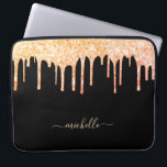 Black rose gold glitter drips name glamorous laptop sleeve<br><div class="desc">An elegant, girly and glam laptop sleeve. Faux gold glitter drips, paint dripping look. A chic black background. Personalize and add a name, written with a modern hand lettered style script with swashes. Golden colored letters. To keep the swashes only delete the sample name, leave the spaces or emoji's in...</div>