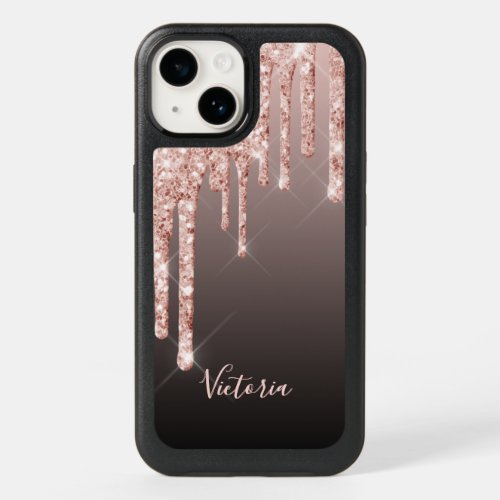 Black rose gold glitter drips name OtterBox iPhone 14 case