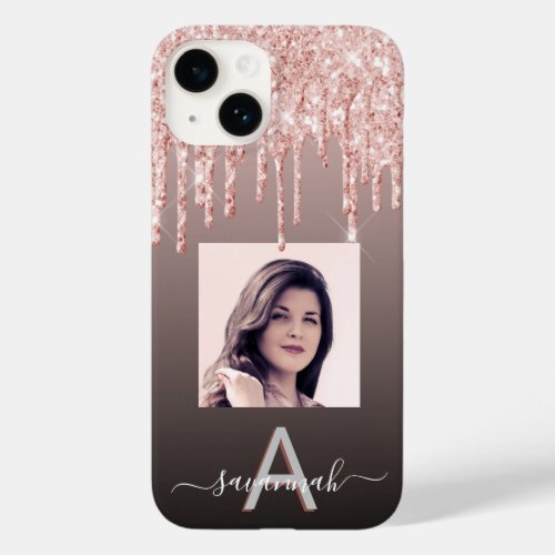 Black rose gold glitter drips photo monogram Case_Mate iPhone 14 case