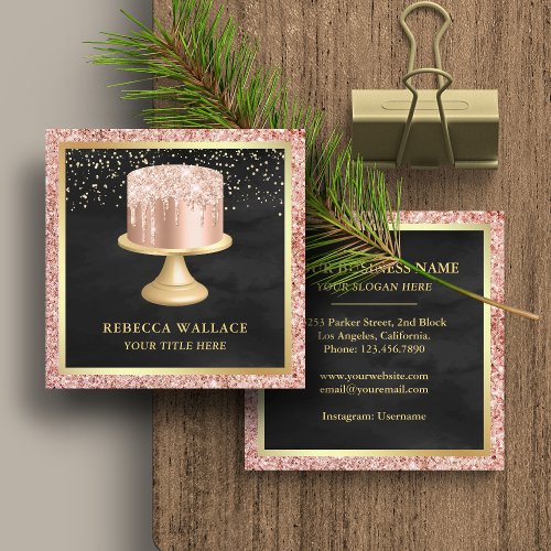 Black Rose Gold Glitter Drips Pink Cake Bakery Square Business Card