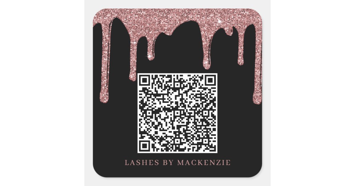 Black Rose Gold Glitter Drips QR Code Business Square Sticker | Zazzle