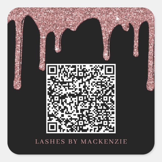 Black Rose Gold Glitter Drips QR Code Business Square Sticker (Front)