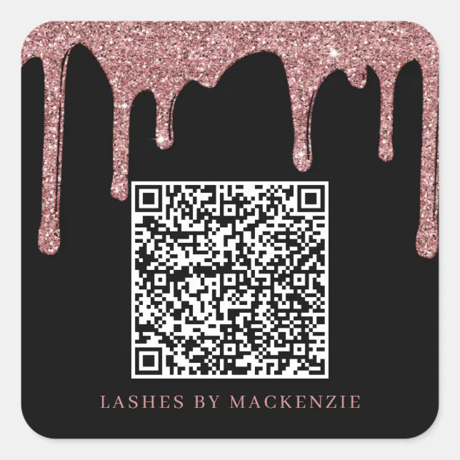 Black Rose Gold Glitter Drips QR Code Business Square Sticker | Zazzle