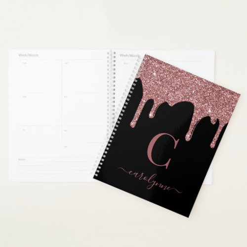 Black Rose Gold Glitter Drips Sparkle Monogram Planner