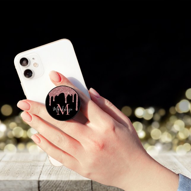 Black Rose Gold Glitter Drips Sparkle Monogram PopSocket (Creator Uploaded)