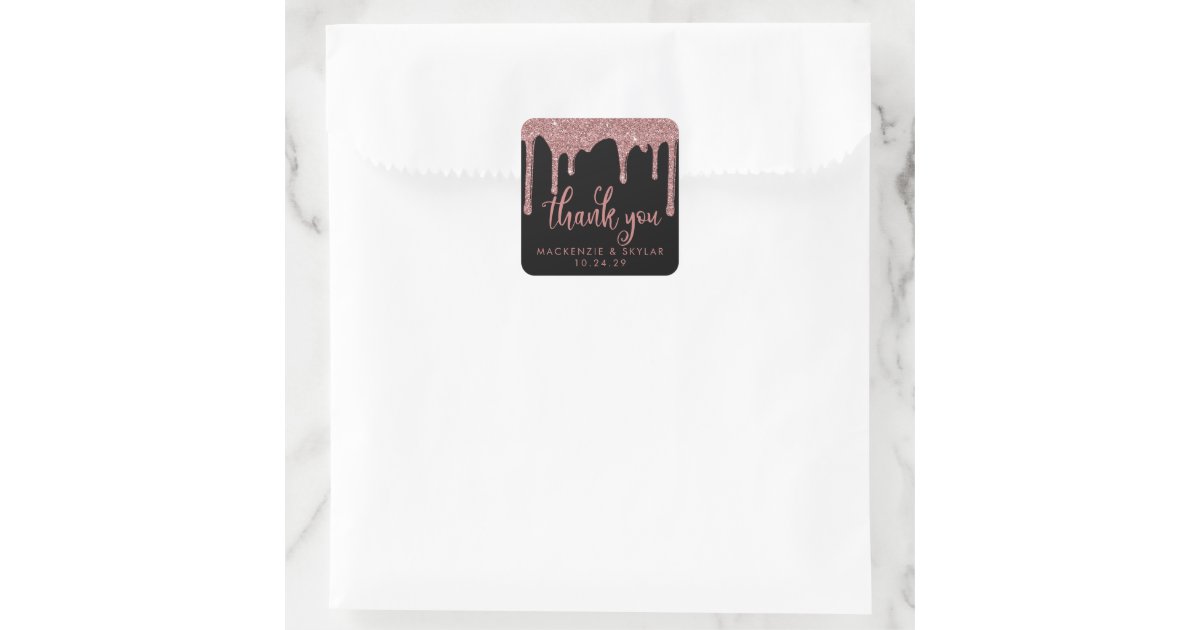 Black Rose Gold Glitter Drips Thank You Square Sticker | Zazzle