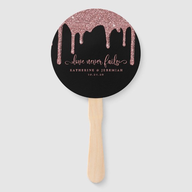 Black Rose Gold Glitter Drips Wedding Hand Fan (Front)