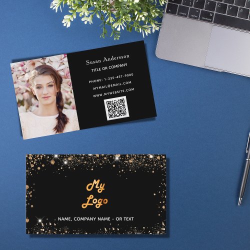 Black rose gold glitter dust logo elegant QR code Business Card