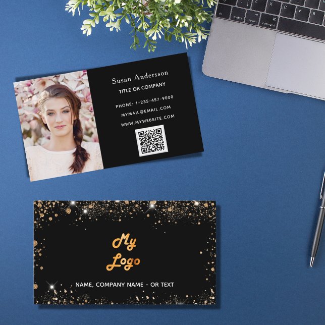 Black rose gold glitter dust logo elegant QR code Business Card (Creator Uploaded)