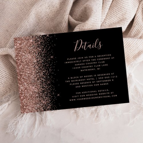 Black Rose Gold Glitter Edge Wedding Details Enclosure Card