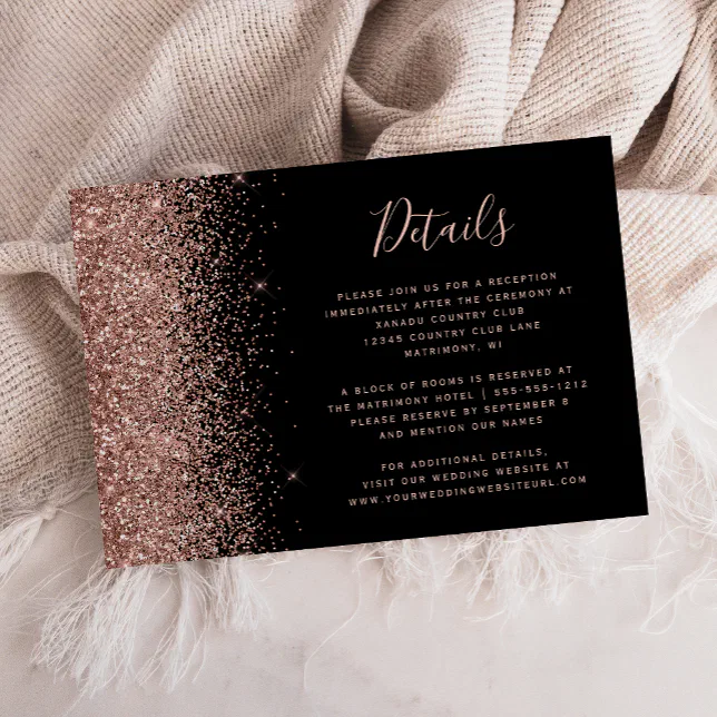 Black Rose Gold Glitter Edge Wedding Details Enclosure Card | Zazzle