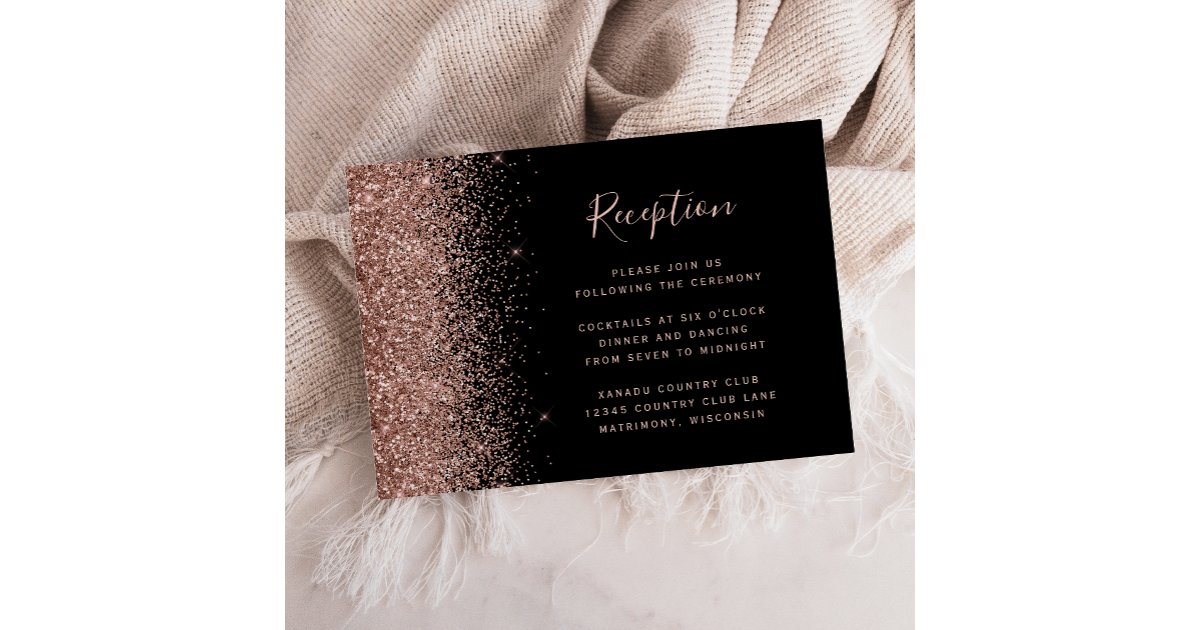 Black Rose Gold Glitter Edge Wedding Reception Enclosure Card | Zazzle