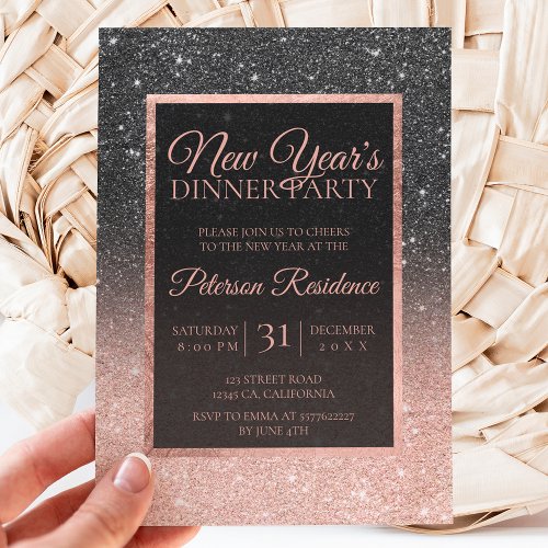 Black rose gold glitter elegant chic New year Invitation