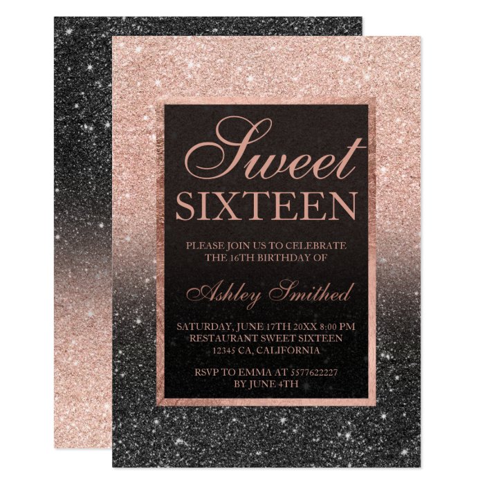 Black Rose Gold Glitter Elegant Chic Sweet 16 Invitation Zazzle Black Rose Gold Glitter Elegant Chic