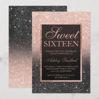 Black rose gold glitter elegant chic Sweet 16 Invitation