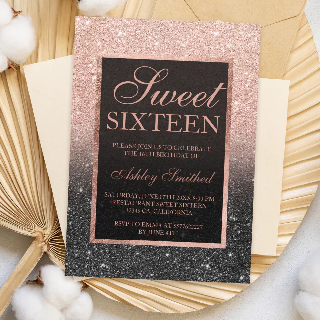 Black rose gold glitter elegant chic Sweet 16 Invitation | Zazzle