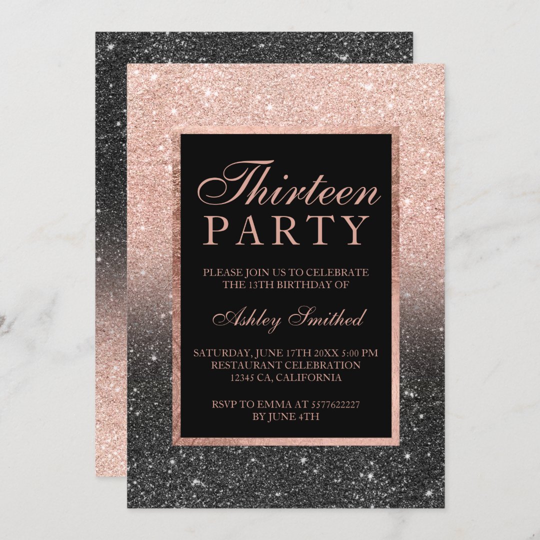 Black rose gold glitter elegant chic thirteen invitation | Zazzle