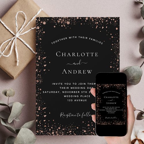 Black rose gold glitter elegant wedding invitation