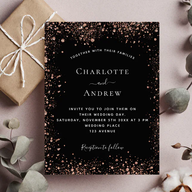 Black rose gold glitter elegant wedding invitation postcard | Zazzle