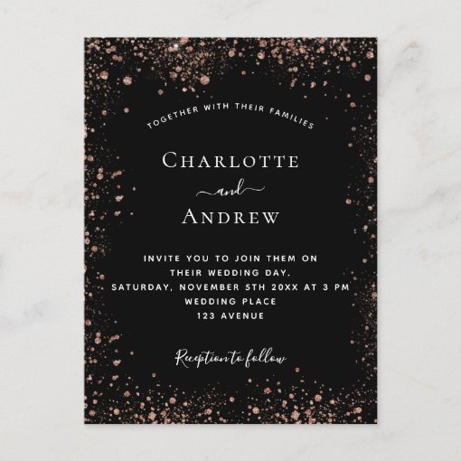 Black rose gold glitter elegant wedding invitation postcard | Zazzle