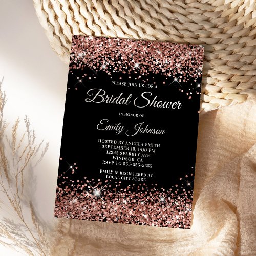 Black Rose Gold Glitter Fancy Script Bridal Shower Invitation