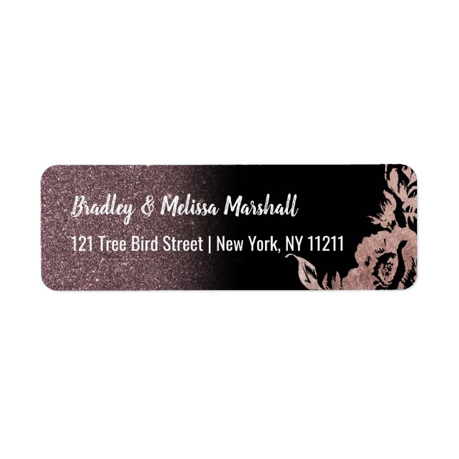 Black Rose Gold Glitter Floral Address Label (Front)