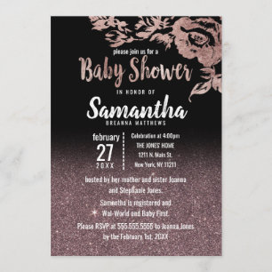 Black Rose Gold Glitter Floral Baby Shower Invitation