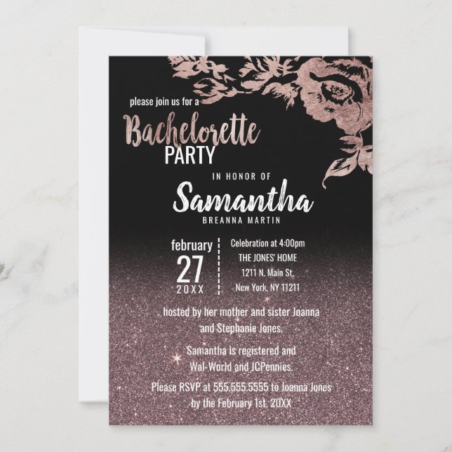 Black Rose Gold Glitter Floral Bachelorette Invitation (Front)