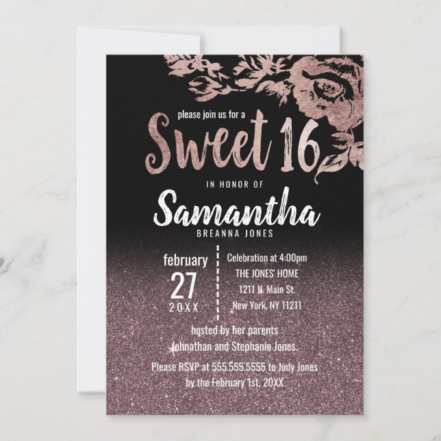Black Rose Gold Glitter Floral Gradient Sweet 16 Invitation (Front)