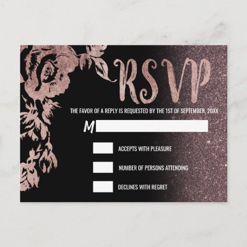 Black Rose Gold Glitter Floral RSVP Invitation Postcard