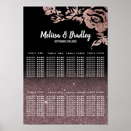 Black Rose Gold Glitter Floral Seating Chart