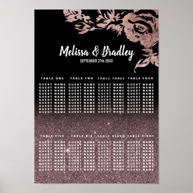 Black Rose Gold Glitter Floral Seating Chart (Front)