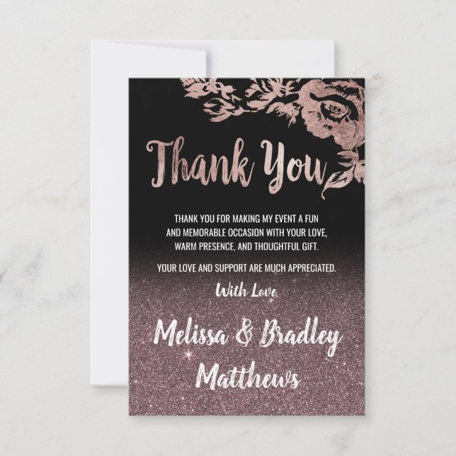 Black Rose Gold Glitter Floral Thank You Card (Front)