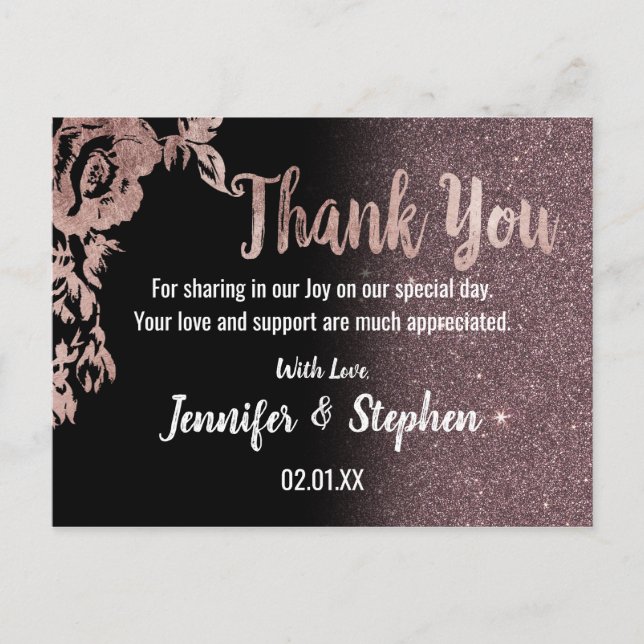 Black Rose Gold Glitter Floral Thank You Postcard (Front)