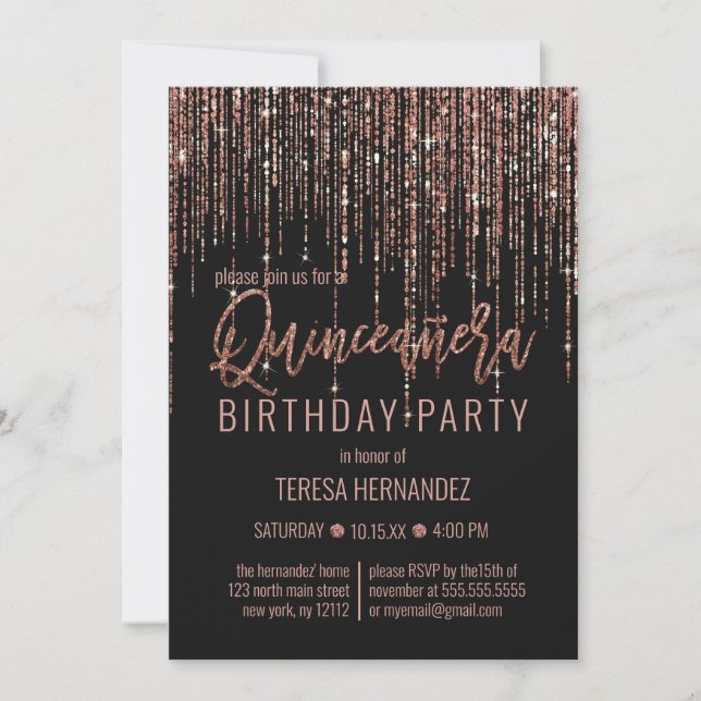 Black Rose Gold Glitter Fringe Curtain Quinceañera Invitation (Front)