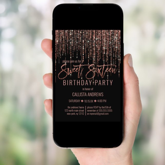Black Rose Gold Glitter Fringe Curtain Sweet 16 Invitation (Front Digital)