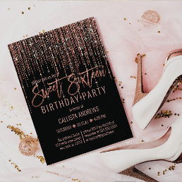 Black Rose Gold Glitter Fringe Curtain Sweet 16 Invitation