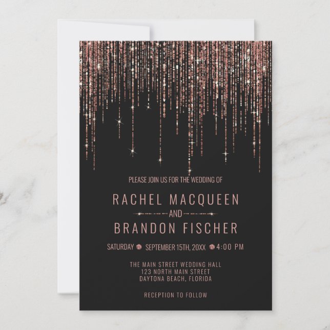 Black Rose Gold Glitter Fringe Curtain Wedding Invitation (Front)
